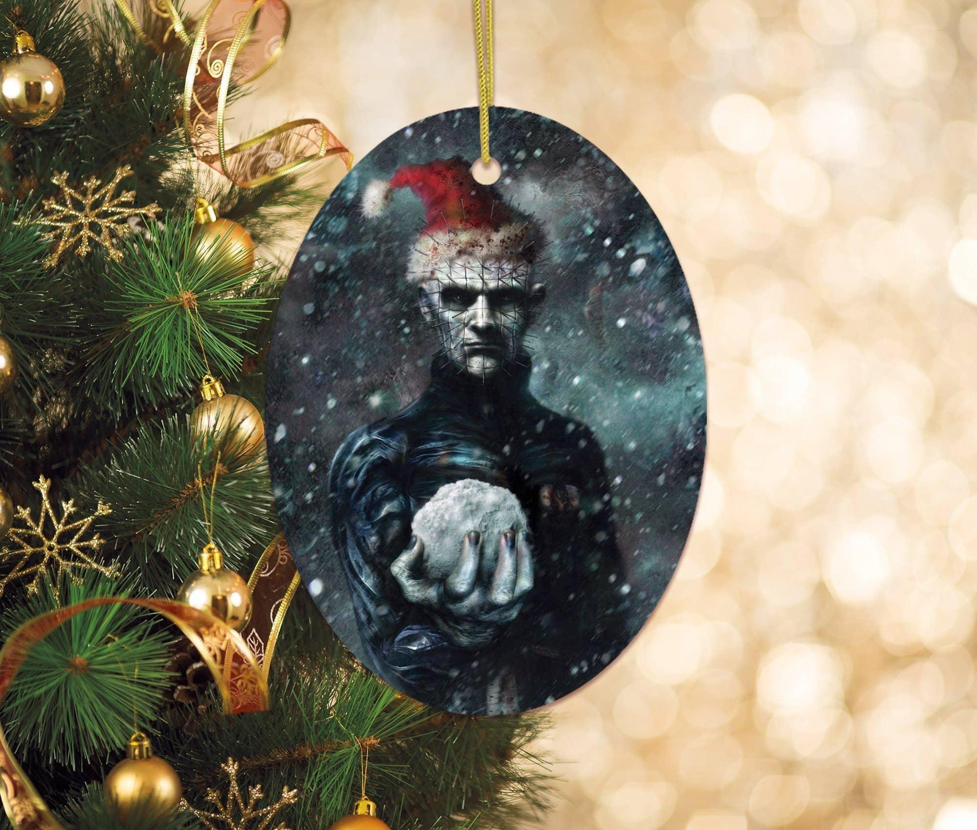 Pinhead With Santa Hat Christmas Ornament, Horror Theme: Oval - McCabe's Costumes