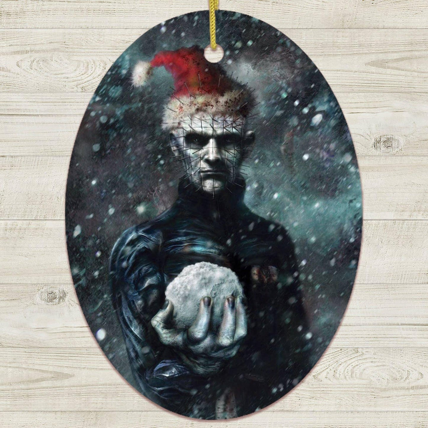 Pinhead With Santa Hat Christmas Ornament, Horror Theme: Oval - McCabe's Costumes